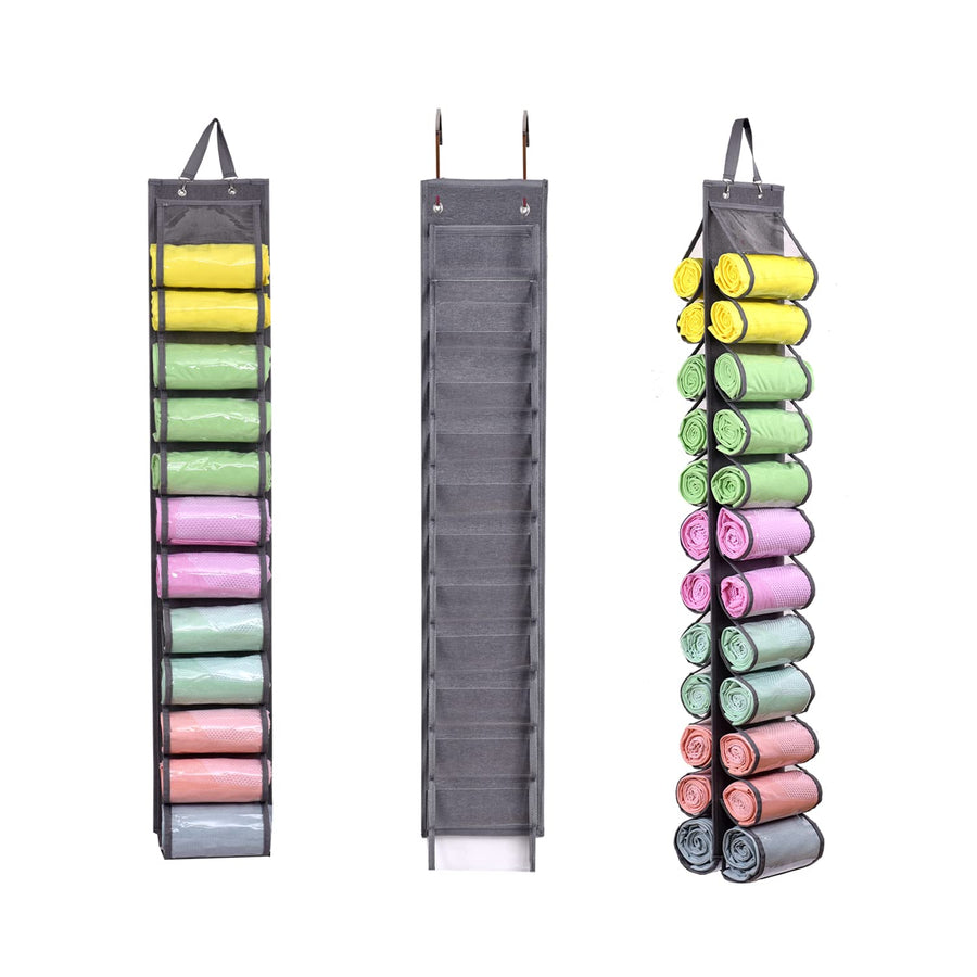 Legging Storage Organizer Hanging Legging Storage Hanger with 24 Compartments, Hanging Legging Holder Organizer for Yoga Leggings Clothes Roll (Gray)