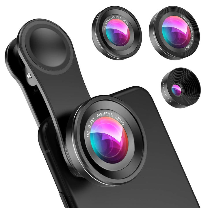 Phone Camera Lens, 0.4X Wide Angle Lens, 180 Fisheye and 10X Macro Lens (Screwed Together), Clip on Cell Phone Lens Compatible with iPhone, Smartphones, Gifts Ideal