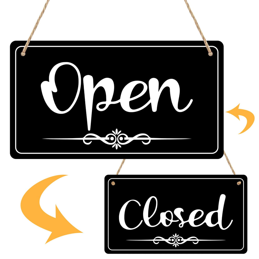 Open Signs Double Sided Open Closed Sign Business Hours Sign Hanging Business Open Sign with Rope Hours of Operation Sign for Business Walls Window Shop Bar Hotel (black)