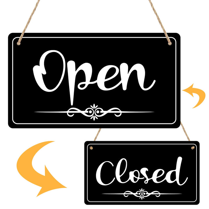 Open Signs Double Sided Open Closed Sign Business Hours Sign Hanging Business Open Sign with Rope Hours of Operation Sign for Business Walls Window Shop Bar Hotel (black)