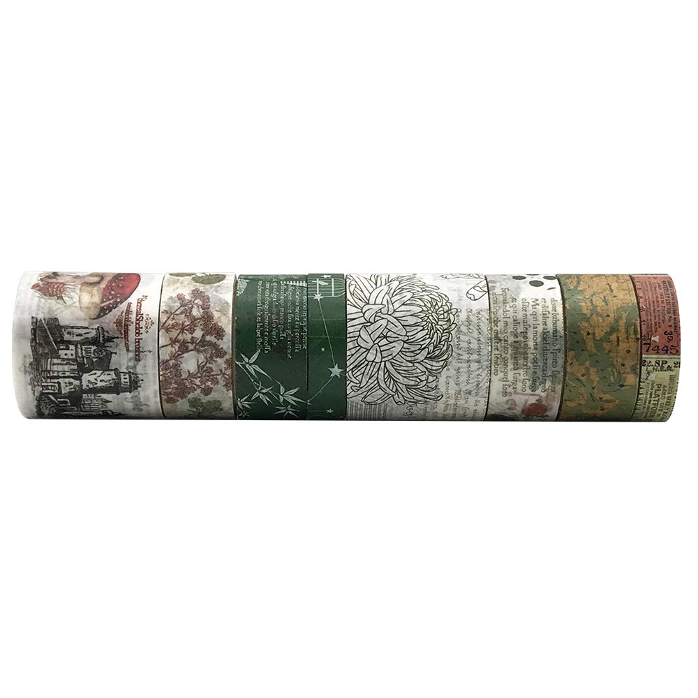 Vintage Green Washi Tape Set, 8 Rolls Antique Mushroom Japanese Masking Writable Decorative Tapes for Bullet Journal Planners DIY Crafts Arts Scrapbooking Adhesive