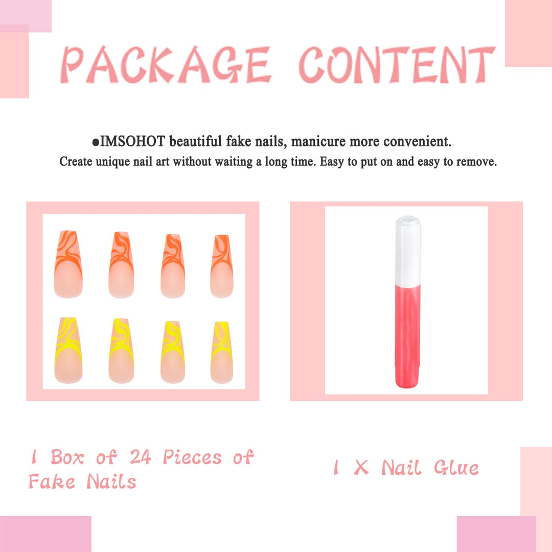 Coffin Press on Nails Long Matte Fake Nails with Designs Fluorescent Ballerina False Nails 24Pcs Full Acrylic Glue on Nails for Women and Girls DIY