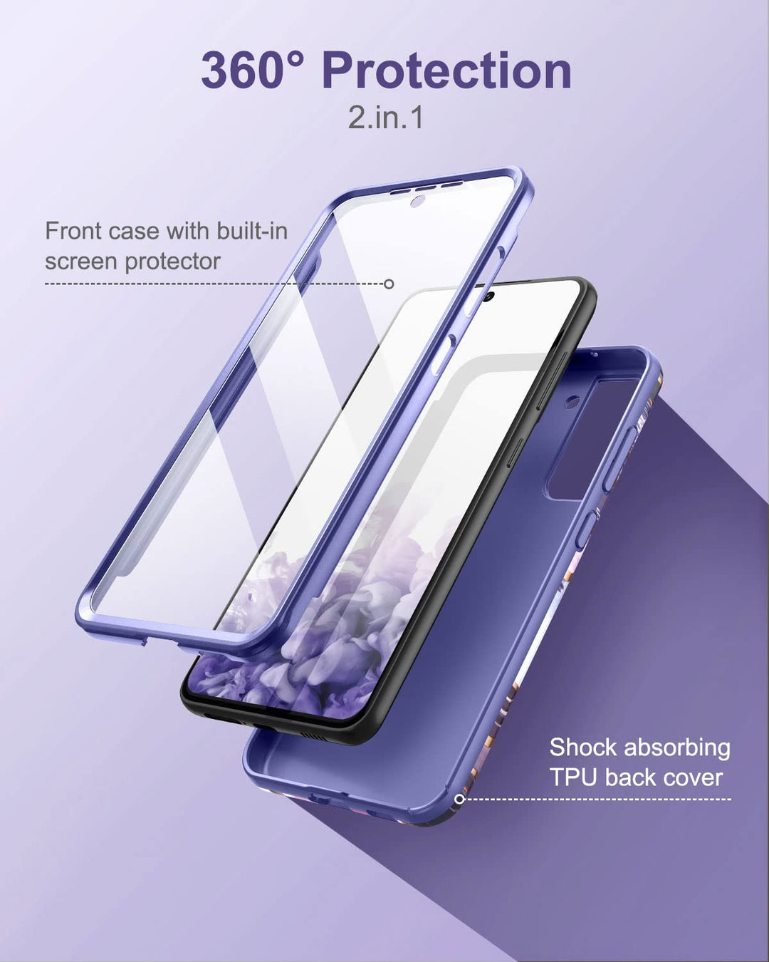 Marble Case for Samsung Galaxy S21 FE, [Built-in Screen Protector] Full-Body Protection Shockproof Rugged Silicone TPU Bumper Protective Cover for Galaxy S21 FE 5G 6.4 Inch (Purple Lavender)