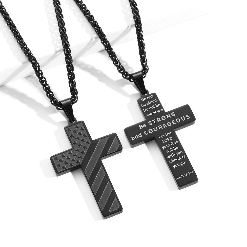 Black Cross Necklace Pendant for Men Boys American Flag Chain First Communion Confirmation Baptism Christian Gifts Teen Teenage Boys (Joshua 1:9)