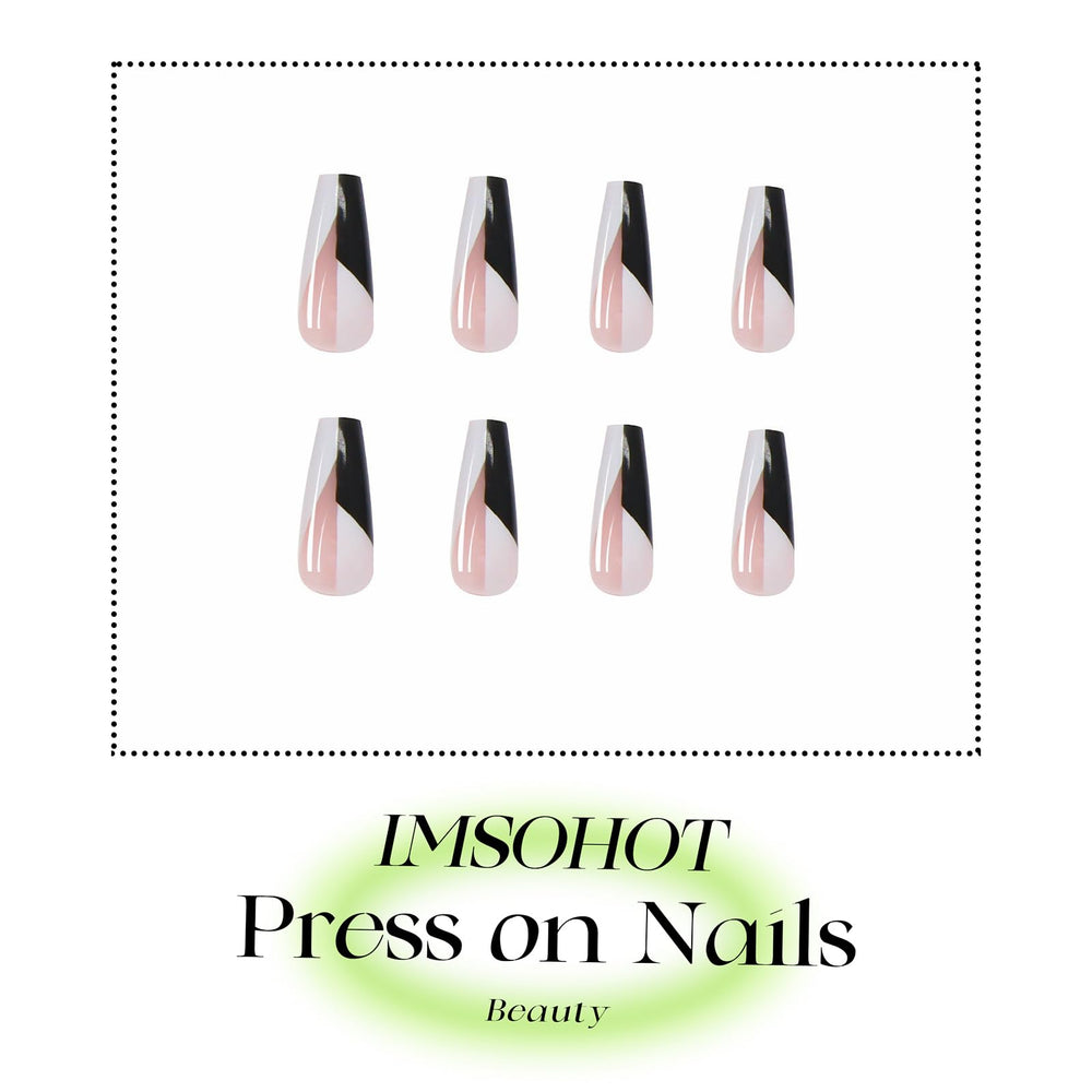 24Pcs Coffin Press on Nails Long Glossy Ballerina False Nails with Designs Black White Fake Nails Acrylic Nails Glue on Nails for Women and Girls
