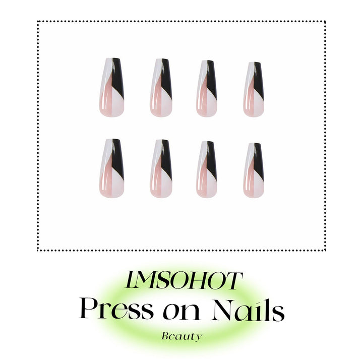24Pcs Coffin Press on Nails Long Glossy Ballerina False Nails with Designs Black White Fake Nails Acrylic Nails Glue on Nails for Women and Girls