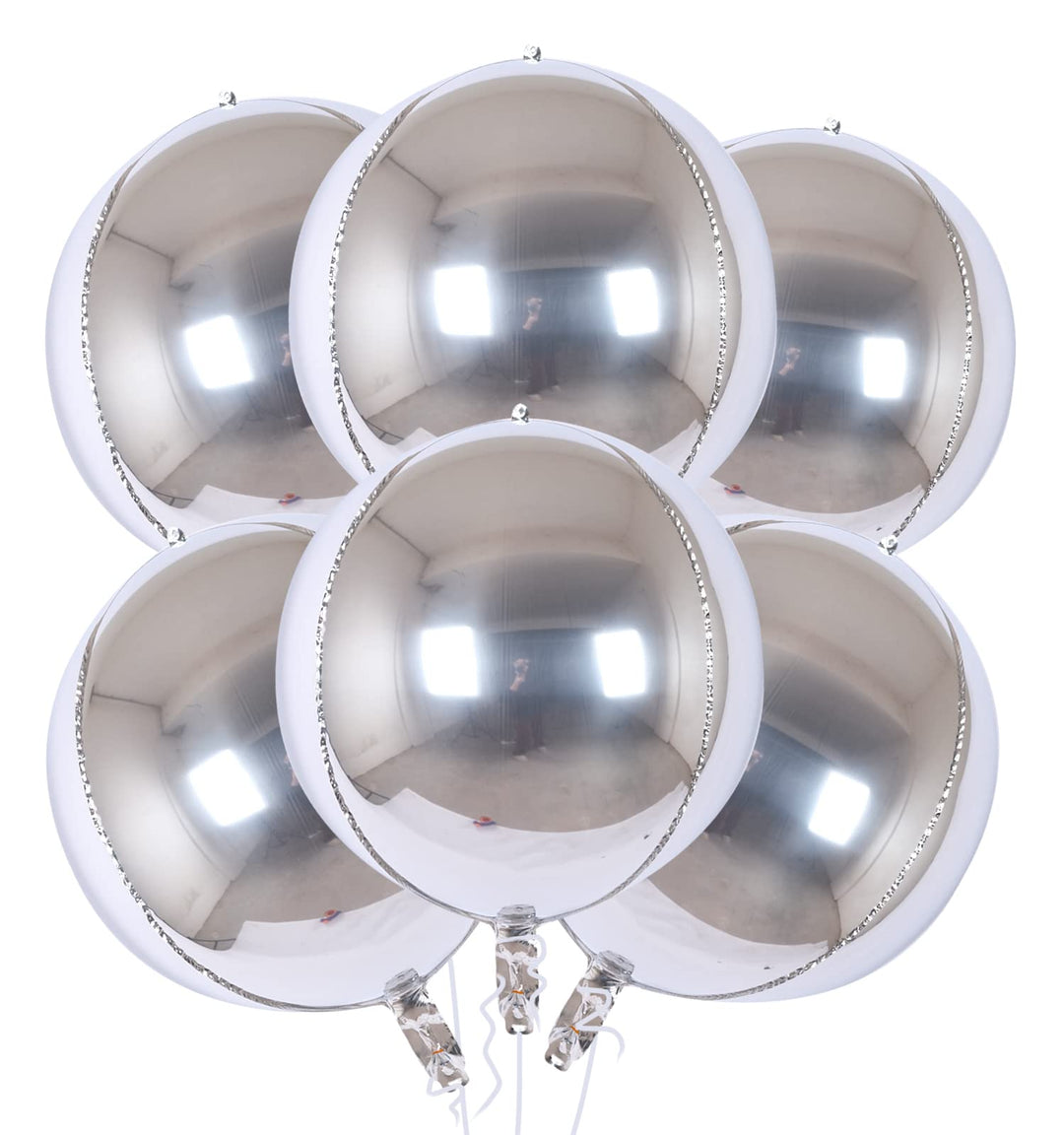 Silver Party Balloon Decorations - Pack of 6, Jumbo 22 Inch 4D Metallic Silver Balloons, Large Foil Sphere Balloons, Big Round Mylar Balloons