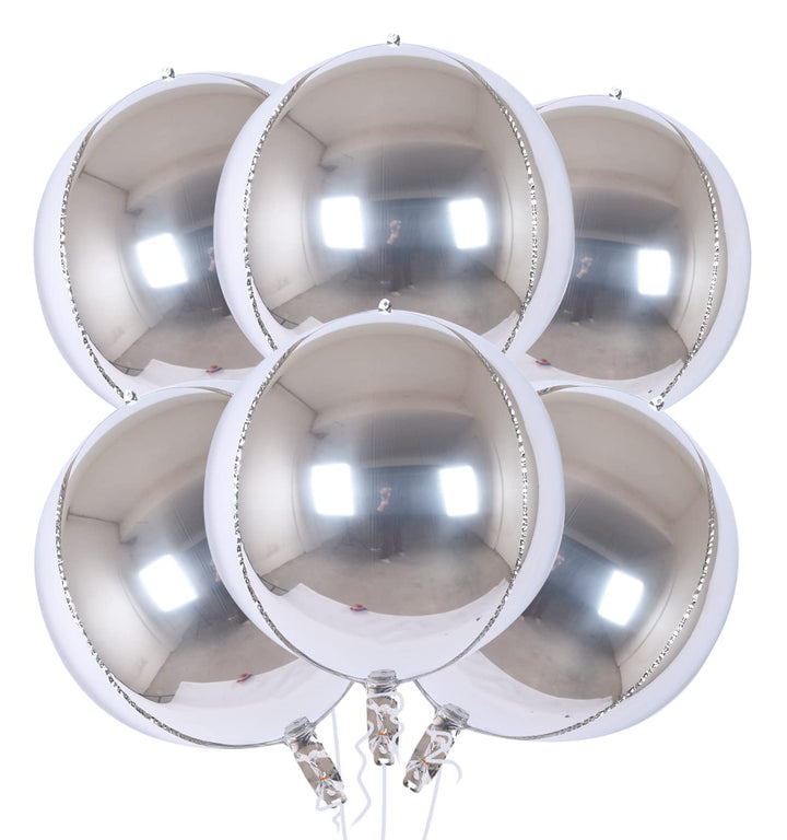 Silver Party Balloon Decorations - Pack of 6, Jumbo 22 Inch 4D Metallic Silver Balloons, Large Foil Sphere Balloons, Big Round Mylar Balloons