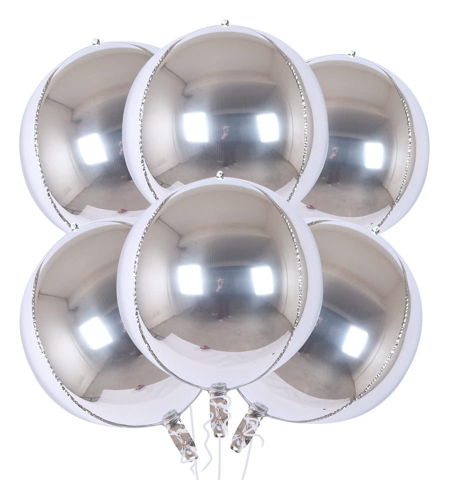 Silver Party Balloon Decorations - Pack of 6, Jumbo 22 Inch 4D Metallic Silver Balloons, Large Foil Sphere Balloons, Big Round Mylar Balloons