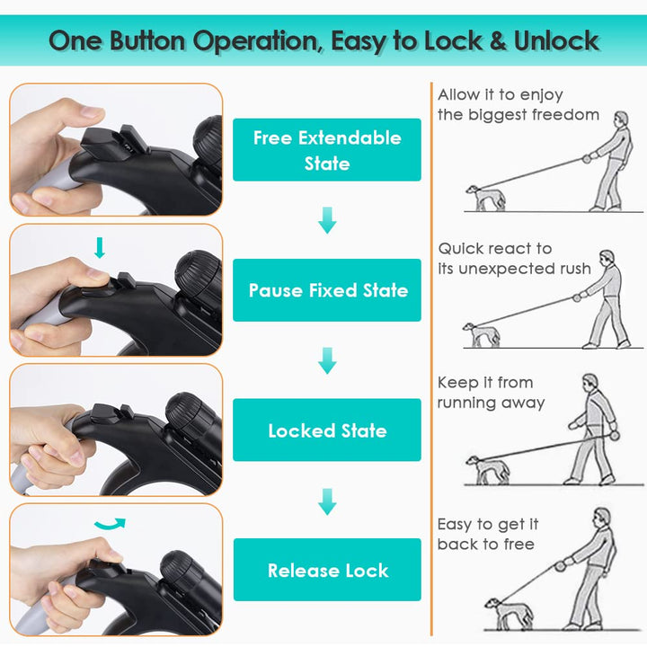 Retractable Dog Leash, 26ft Pet Walking Leash with 9 LED Detachable Flashlight for Medium Large Dog up to 100lbs, with Hand Grip One Button Brake &amp; Lock and Hook (Black-N)