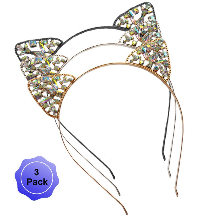 Cat Ears Headband Rhinestone Cat Hair Bands Crystal Halloween Hair Hoop Women Girls Hairband Party Decoration Headdress Cosplay Costume Headwear Handmade Headpiece Makeup Hair Accessories 3 Pack