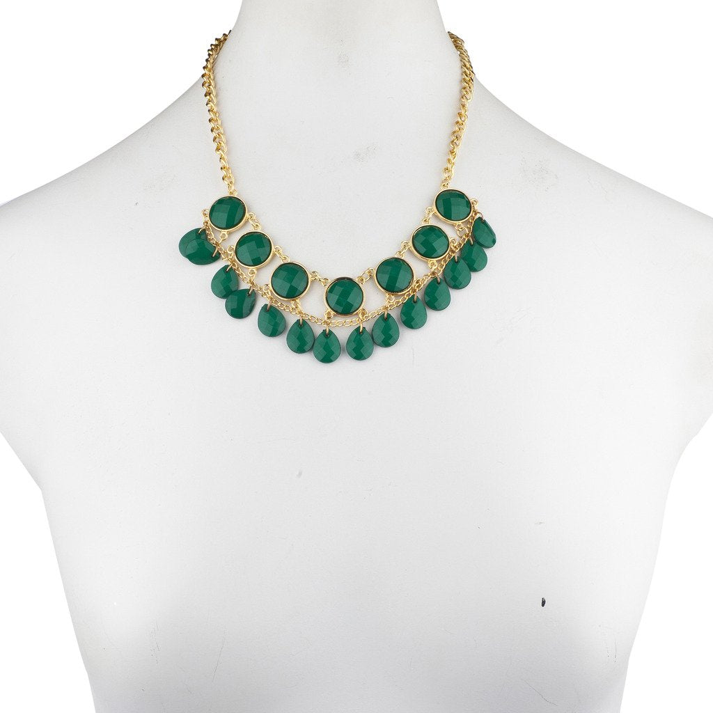 Gold Tone and Green Cirlcle Teardrop Stone Statement Necklace