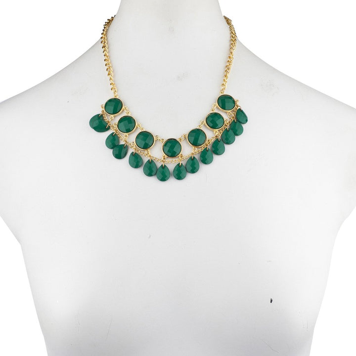 Gold Tone and Green Cirlcle Teardrop Stone Statement Necklace