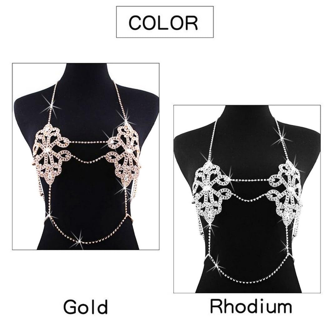Rhinestone Body Chain Jewelry Sparkly Crystal Bra Bikini Chains Summer Beach Body Chains for Women (Gold)