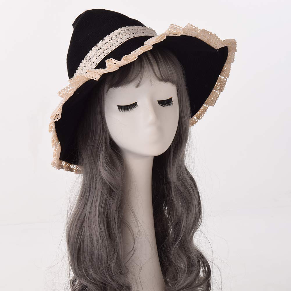Women Witchs Hat Wool Knit Cap for Halloween Christmas Costume Party (Black beige)