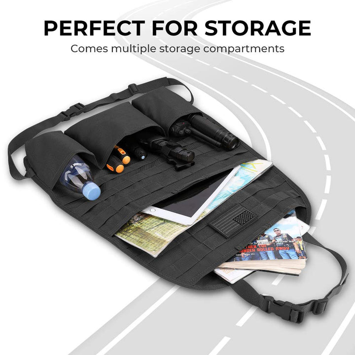 Car Seat Back Organizer, 2 Pack Universal Molle Seat Back Organizer, Tactical Molle Vehicle Panel Car Seat Cover Protector Compatible with Wrangler SUV Truck with 3 Storage Pouch - Black