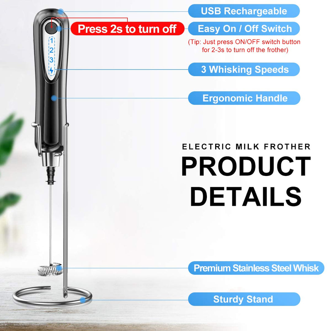 Milk Frother Handheld, USB Rechargeable 3 Speeds Mini Electric Milk Foam Maker Blender Mixer for Coffee, Latte, Cappuccino, Hot Chocolate, Egg Whisks &amp; Stainless Steel Stand Included