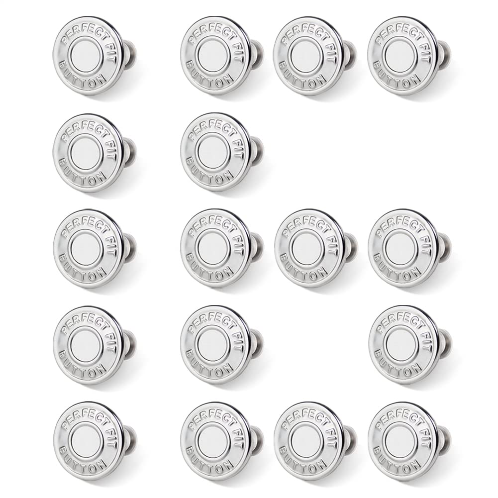 16 Sets Button Pins for Jeans,Jean Buttons Pins for Loose Jeans,No Sew and No Tools Instant Replacement Snap Tack Pant Button, Reusable and Adjustable Metal Pants Button Tightener