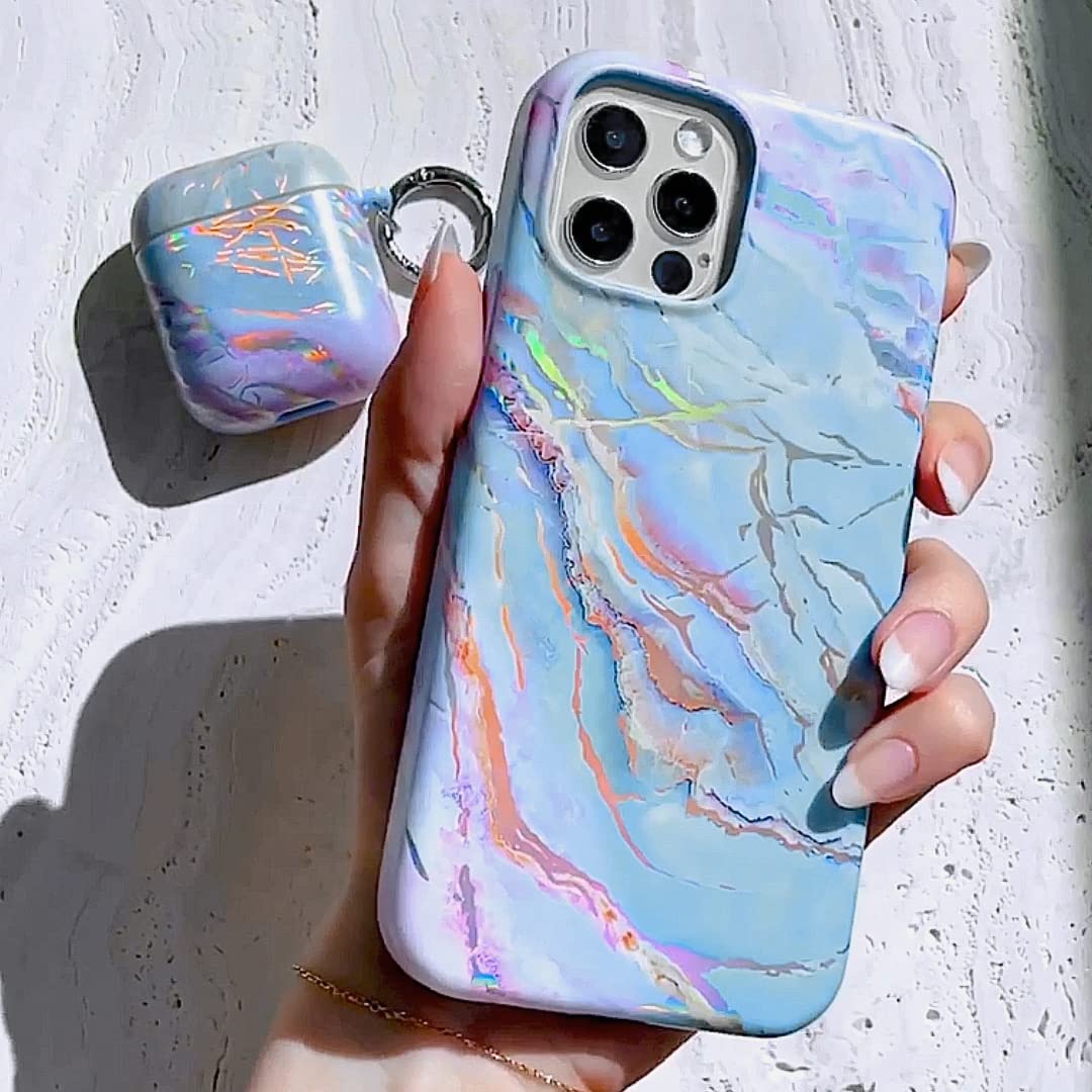 for iPhone 13 Case for Women [10ft Drop Tested] Compatible with MagSafe - Cute Phone Cover - Protective Microfiber Lining (Holographic Blue Marble)