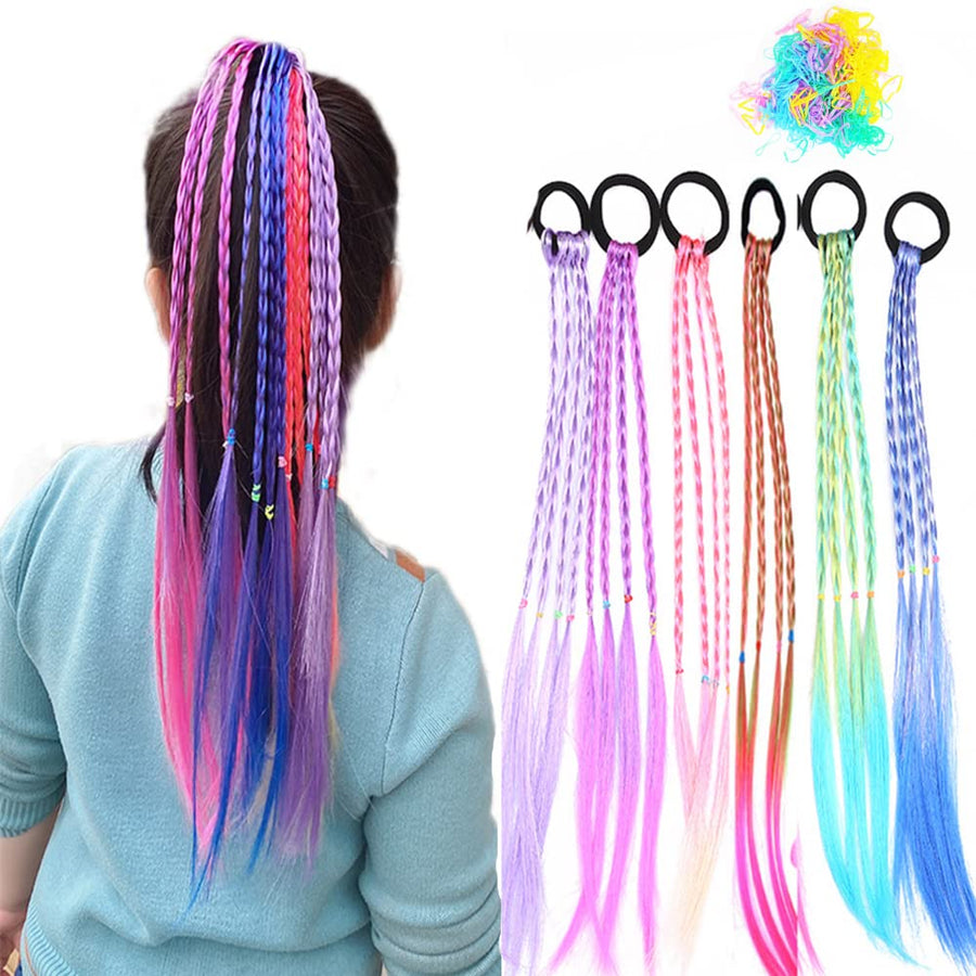 10 Pieces Girls Colored Braids Hair Extensions Accessories with Rubber Bands Rainbow Braided Synthetic Hairpieces Ponytail Hair Accessories for Women Kids Girl Dress Beautification Hair Accessories