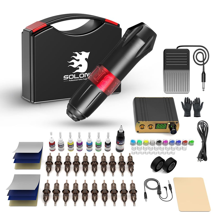 Tattoo Gun Kit, Gun Starter Kit with Anti-fatigue Mode Power Supply with 20pcs Different Type Needles Cartridges for Tattoo Artist with Portable Tool Case
