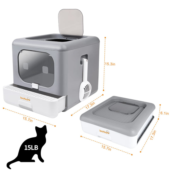 Foldable Cat Litter Box with Lid,Enclosed and Covered Litter Box to Prevent Smell, Anti-Splashing Kitty Potty with Scoop and Mat for Easy Clean, Large Top Entry Cat Toilet with Drawer (Grey)