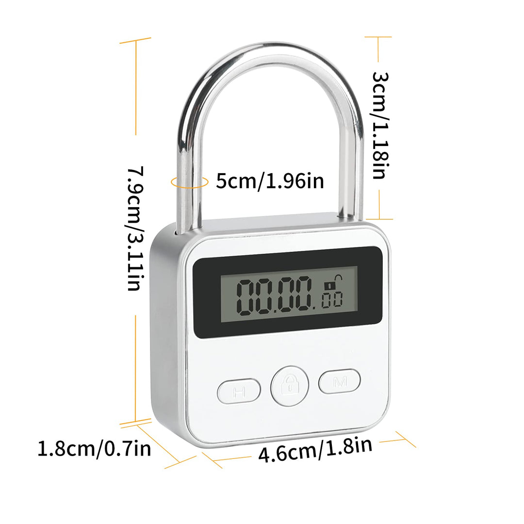 Metal Timer Lock, 99 Hours Max Timing Electronic Lock with LCD Display Micro USB Rechargeable Timer Padlock (Silver)