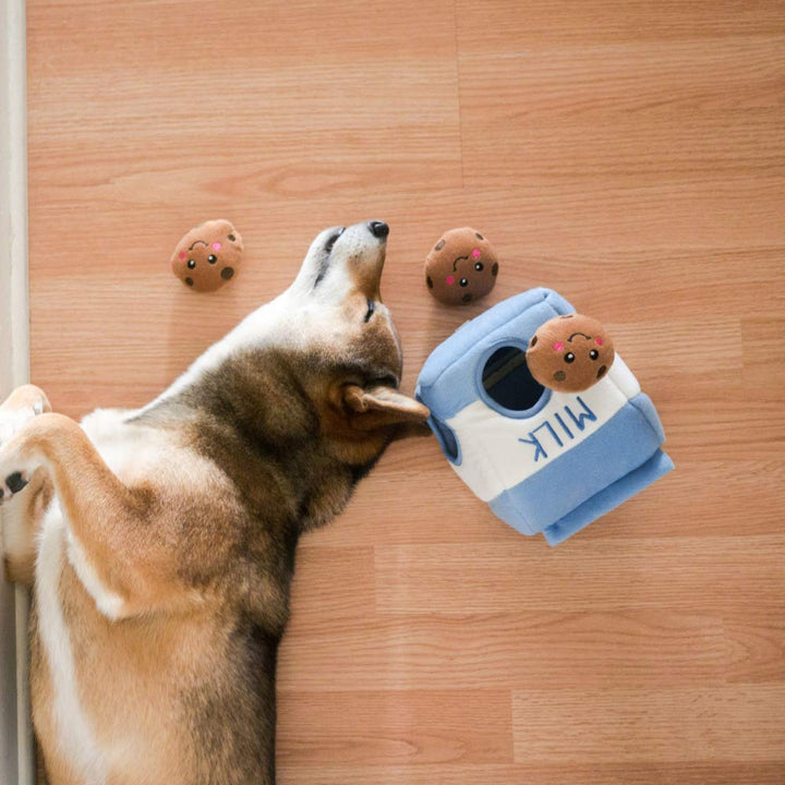 Burrow- Interactive Dog &amp; Puppy Toys for Boredom, Stimulating Pet Products to Keep them Busy, Hide &amp; Seek Plush Puzzles, Squeaky Toy for Enrichment, For Small &amp; Medium Dogs- Milk and Cookies
