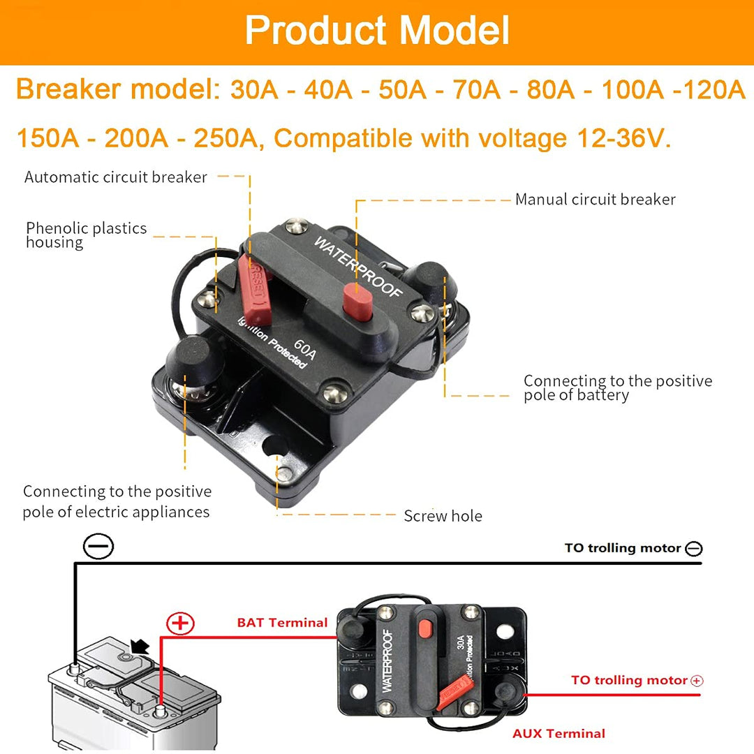 100 Amp Circuit Breaker with Manual Reset Fuse for Car Marine Trolling Motors Boat ATV Manual Power Protect for Audio System Fuse DC 12V-48V Waterproof (100A),74 x 49 x 44
