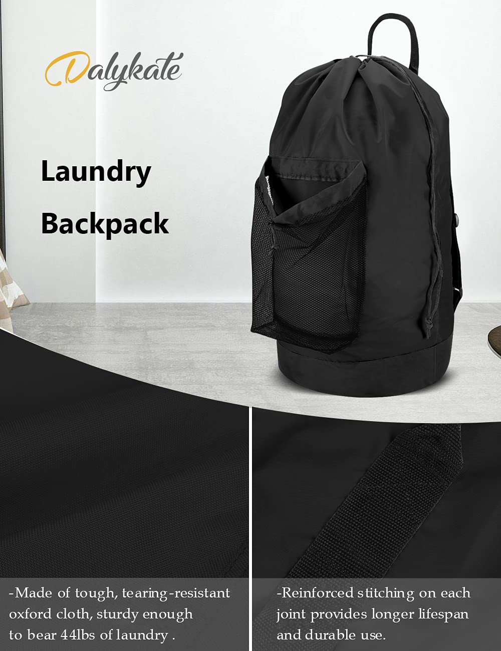 Backpack Laundry Bag with Shoulder Straps and Mesh Pocket Durable Nylon Clothes Hamper Bag with Drawstring Closure for College, Travel, Laundromat, Apartment