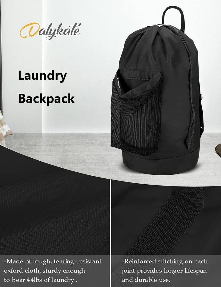 Backpack Laundry Bag with Shoulder Straps and Mesh Pocket Durable Nylon Clothes Hamper Bag with Drawstring Closure for College, Travel, Laundromat, Apartment