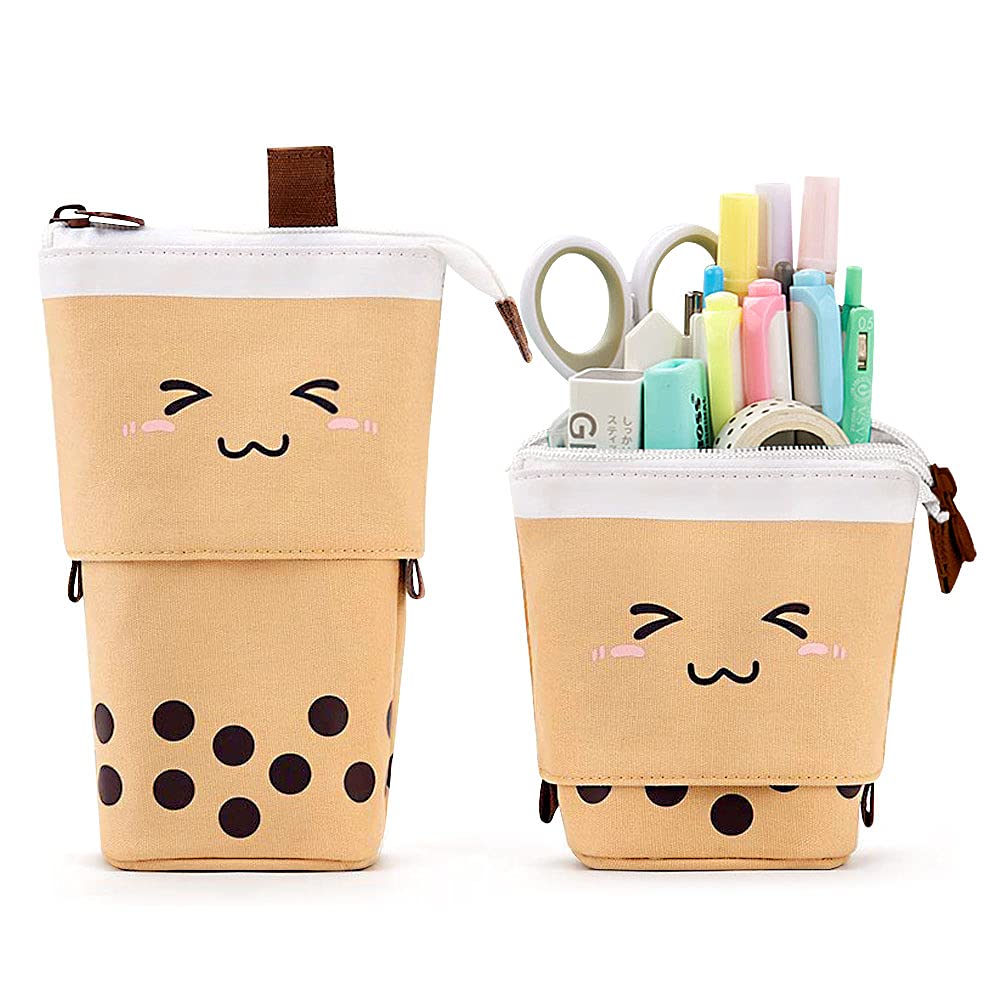 Cute Standing Pencil Case for Kids, Pop Up Pencil Box Makeup Pouch, Christmas Gift Kids Corduroy Pen Holder Organizer Cosmetics Bag, Kawaii Stationary (Brown)