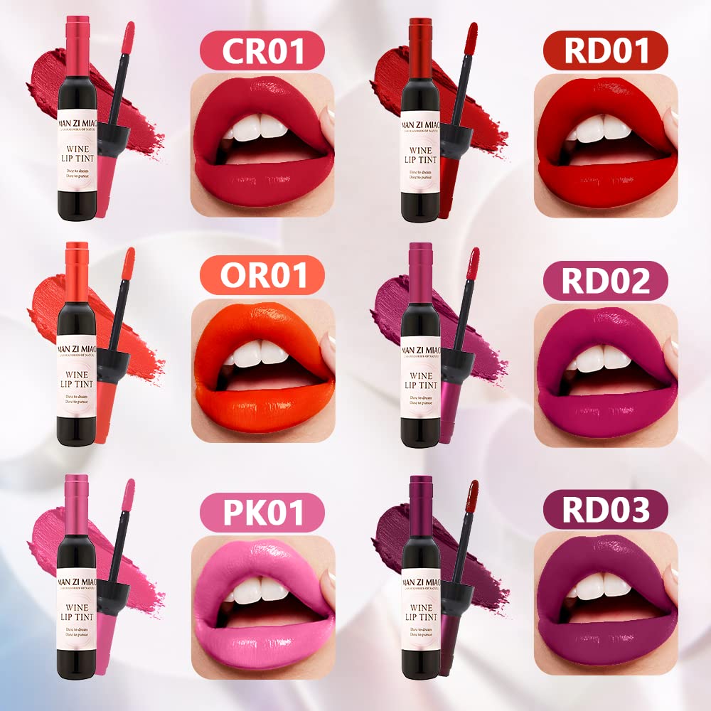 Wine Liquid Lipstick, Lady Long Lasting Make Up Gloss Matte Lip Tint Wine Bottle Cover, Waterproof, Valentine's Day Gift Kit Ideas for Girlfriend, Mom, Friend (6 Colors)