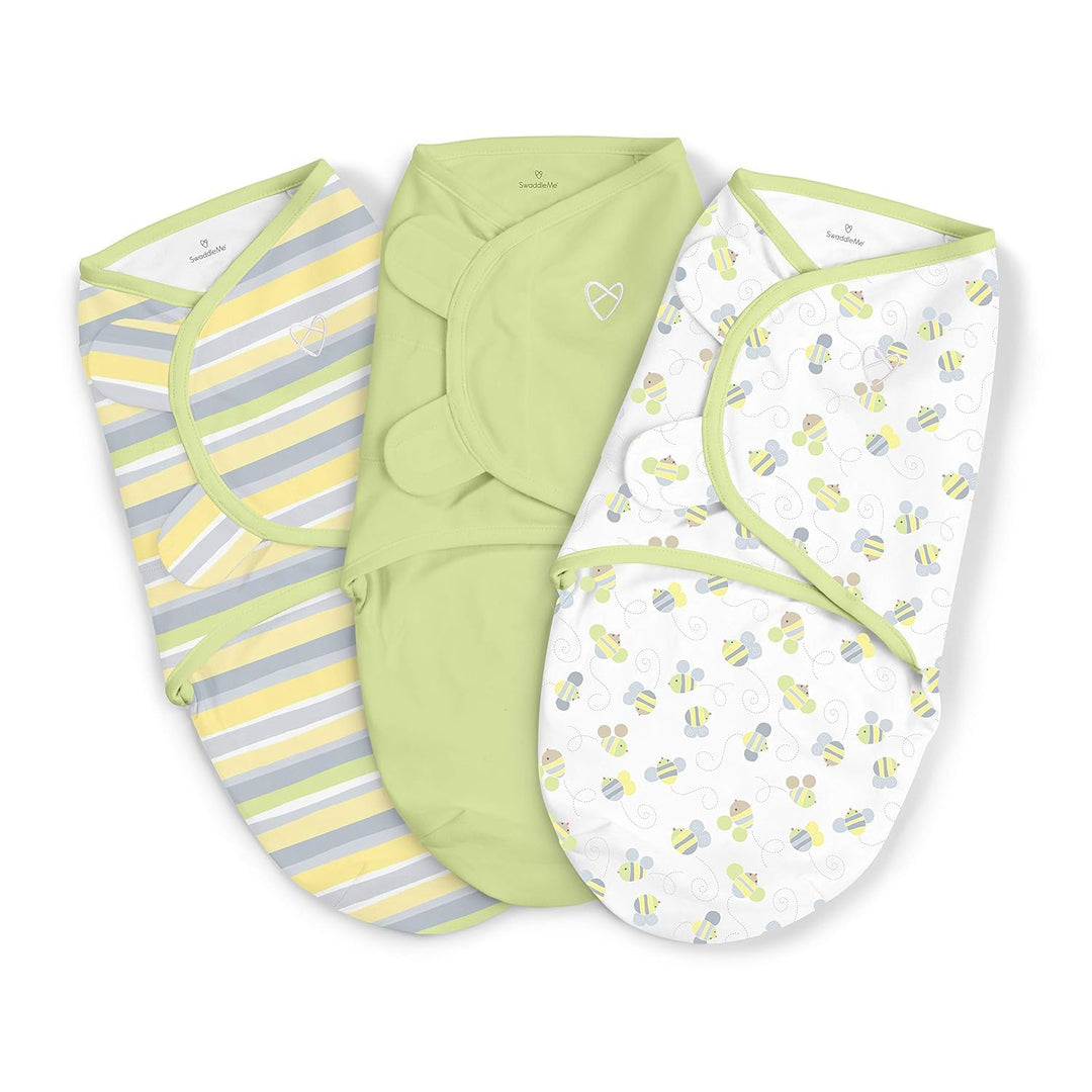by Ingenuity Original Swaddle, 100% Cotton, Improves Sleep &amp; Calms Startle Reflex, 0-3 Months, 3-Pack - Busy Bees