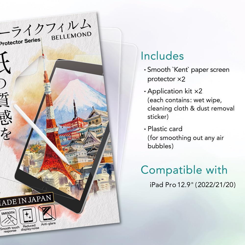 - 2 PACK - Made in Japan Smooth Kent Paper Screen Protector for iPad Pro 12.9 6th / 5th / 4th / 3rd Gen (2022/21/20/18) - Reduces Pencil Tip Wear by up to 86% - WIPD129PLK(2)