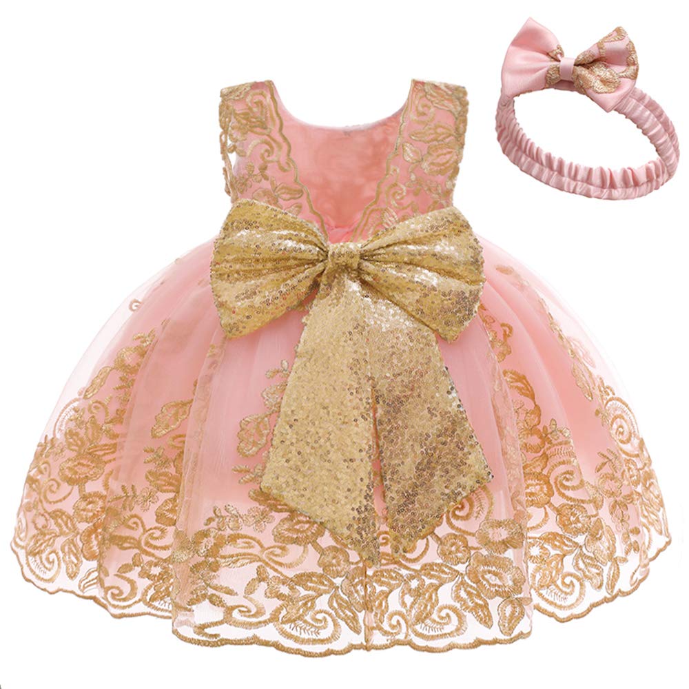 Baby Princess Girls Embroidery Dresses Toddler Lace Ruffles New Year Easter Tutu Dress with Headwear (Pink02,80)