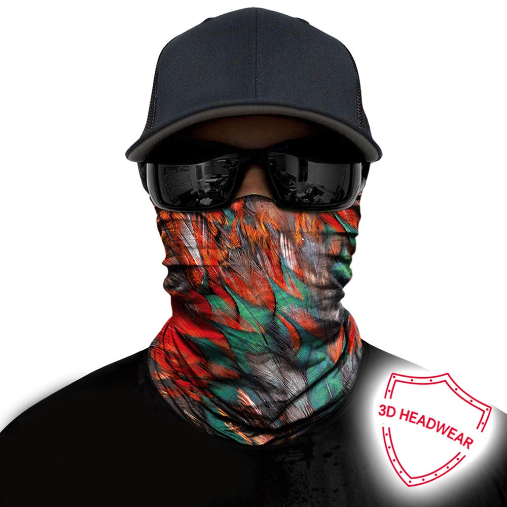 Seamless Bandana for Rave Face Mask Dust Wind UV Sun Protection Neck Gaiter Tube Mask for Women Men Festival Party Motorcycle Riding Fishing Hunting (Feather Red Green)