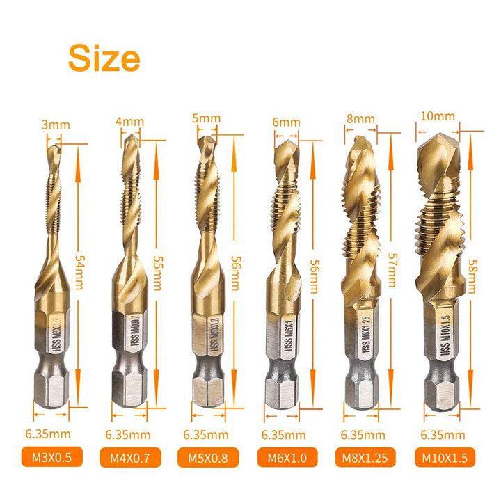 6Pcs Titanium Combination Drill and Tap Bit Set, Metric Drill Tap Bits Screw Tapping Bit Tool 1/4 Hex Shank 3 Functions in 1