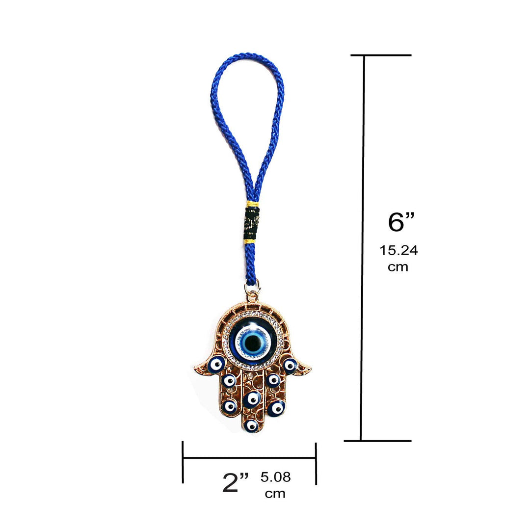 Hamsa Hand Amulet Pendant w/Crystal Rhinestones Blue, White &amp; Black Evil Eye Car Hanging Ornament Rear View Mirror Accessories - Door, Wall, Bag Charms (Gold &amp; Matching Tassel)