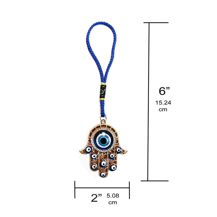 Hamsa Hand Amulet Pendant w/Crystal Rhinestones Blue, White &amp; Black Evil Eye Car Hanging Ornament Rear View Mirror Accessories - Door, Wall, Bag Charms (Gold &amp; Matching Tassel)