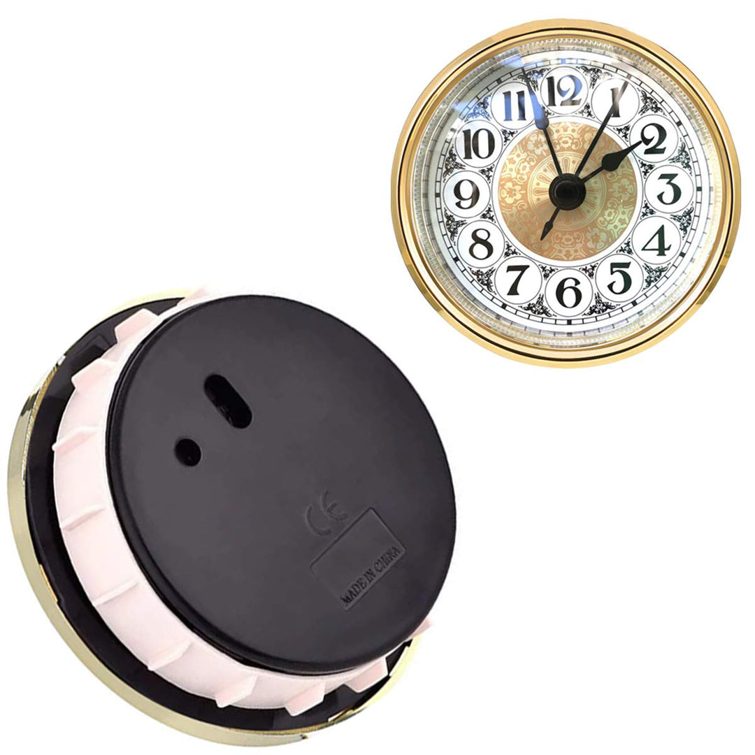 Mini Quartz Clock Insert 2.8 Inch (70 mm) Round Quartz Movement Miniature Clock White Dial Gold Trim Arabic Numerals, Fit 2.4 Inch (61 mm) Diameter Hole