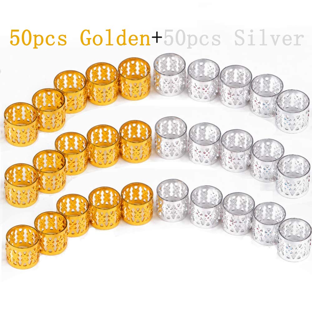 Mixed Golden Silver Dreadlock Beads for Hair Adjustable No Rust Aluminum Metal Cuffs Beads 8.5mm 100pcs Braiding Hair Decoration Jewelry (Mixed Golden Silver)