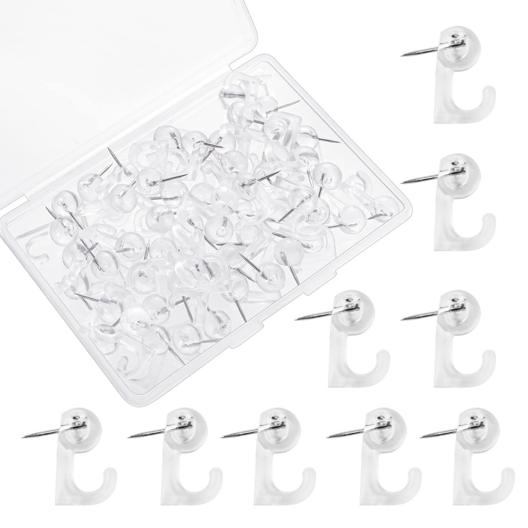 60Pcs Push Pin Hooks, Clear Thumb Tacks Wall Push Pins Plastic Heads Pin Tacks Decorative Push Pins with Hooks for Cork Board, Bulletin Board, Map, Calendar, Wall Hangings