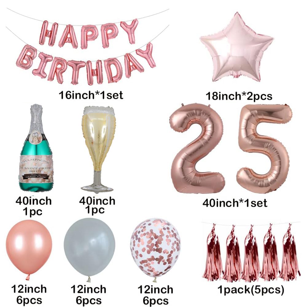 25th Birthday Party Decorations Supplies,40 Inch 25 Rose Gold 25 Hang Happy Birthday Balloons. (rose gold 25 balloons)