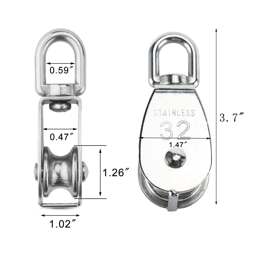 Single Pulley Block Sets, 304 Stainless Steel Lifting Single Pulley Block Cable Wire Towing Wheel with Snap Hook Clip (M32/32mm, 1PC)