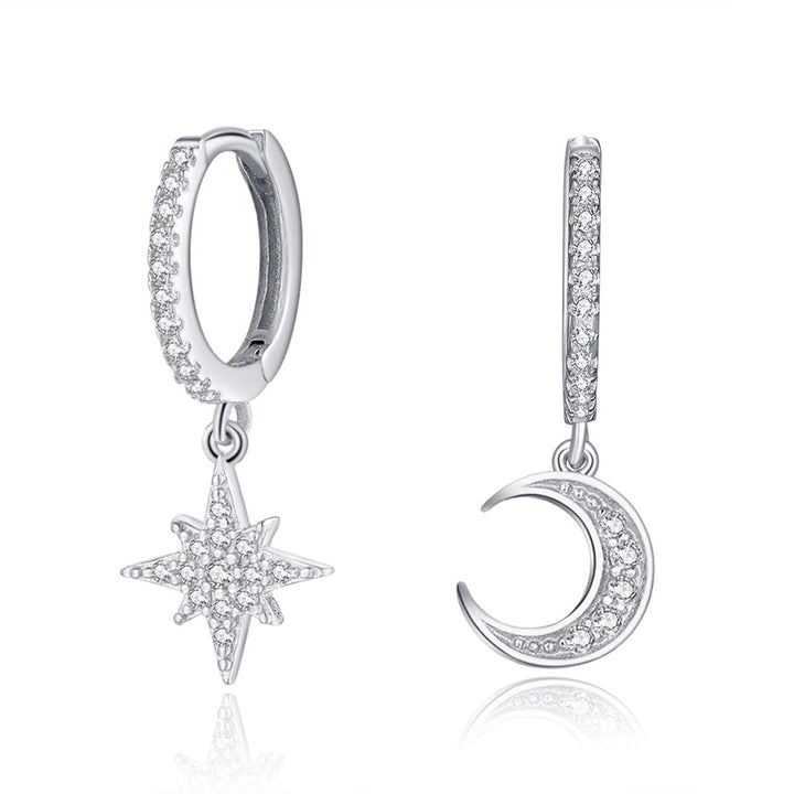 Moon Star Hoop Dangle Earrings for Women, Small Huggie Hoop Earring with Cubic Zirconia Charm for Her in Sterling Silver (Silver)