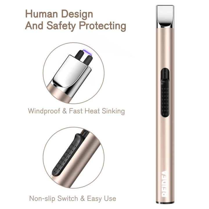 REIDEA Lighter 2 Pack Electronic Candle Lighter Arc Windproof Flameless USB Rechargeable Lighter with Safe Button for Home Kitchen (Champagne and Rose Gold)