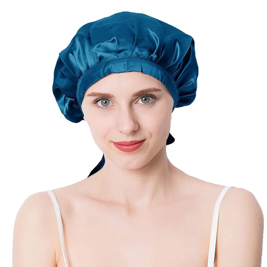 Silk Bonnet Satin Bonnet for Natural Hair Stretchy Mulberry Silk Sleep Cap for Women Long/Curly Hair Care Silk Night Bonnet with Adjustable Ribbons Smooth Soft Breathable Sleep Cap (Blue)