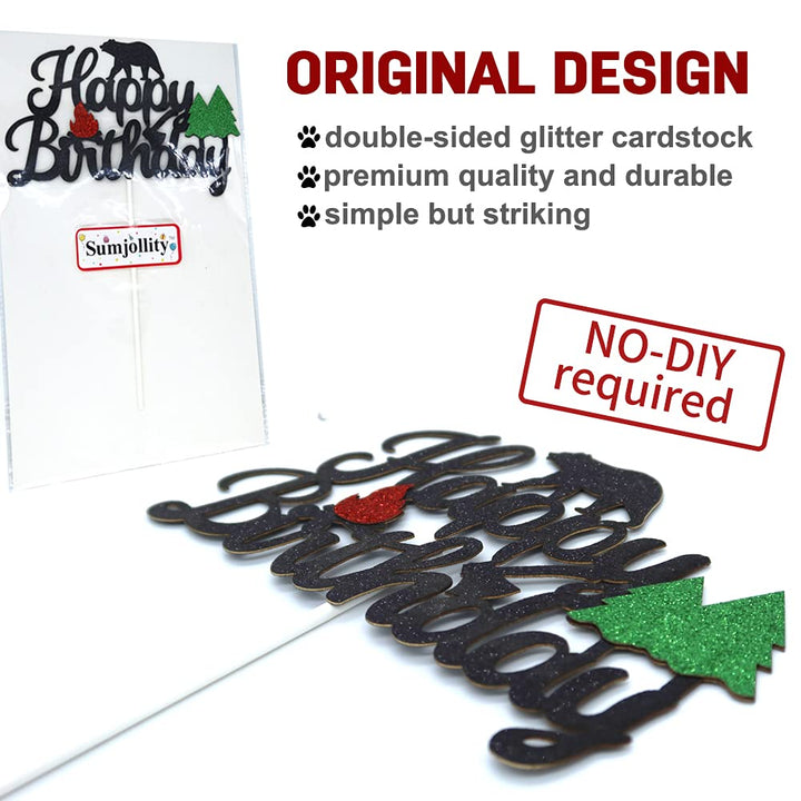 Camping Happy Birthday Cake Topper for Winter Lumberjack Bear Woodland Camping Hunting Themed Baby Shower Wild One 1st Birthday Party Supplies(Double-sided)
