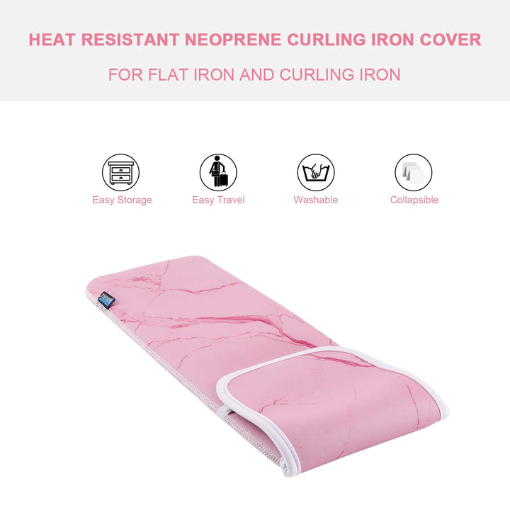 Heat Resistant Neoprene Curling Iron Cover Bag, Universal Curling Iron Cover Sleeve, Flat Iron Curling Wand Travel Case Pouch for Travel, Gym, or Home, 15 x 5 Inches (Dark Pink Marble Pattern)